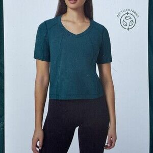 Mondetta Women's XS Ribbed V-Neck Short Sleeve Top Teal d1591